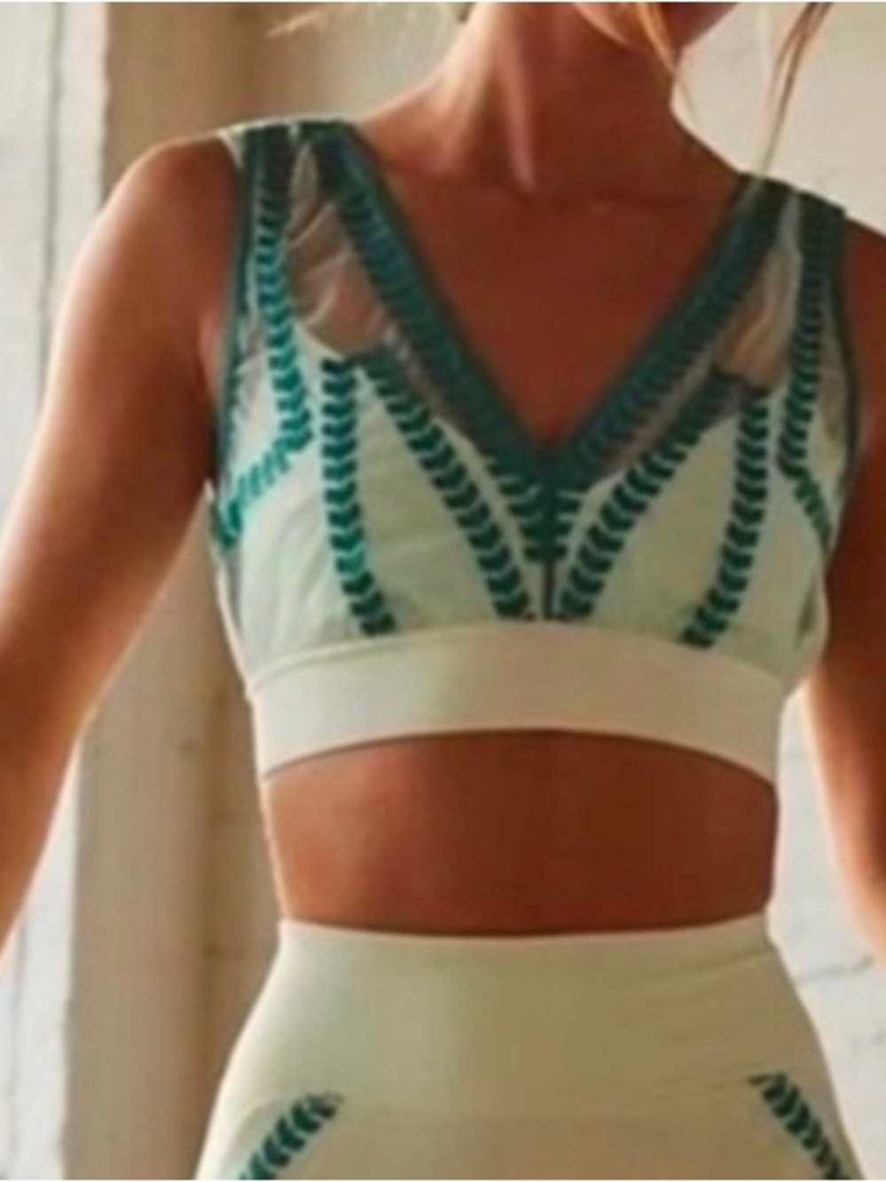 Free People Light Green & Teal Embroidered V-Neck Sports Bra